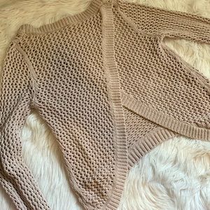 Khaki colored knit sweater with over lap open back!